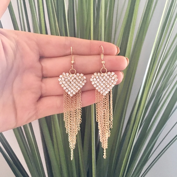 Rhinestone Hearts Tassel Cascade Gold Earrings - Picture 4 of 4